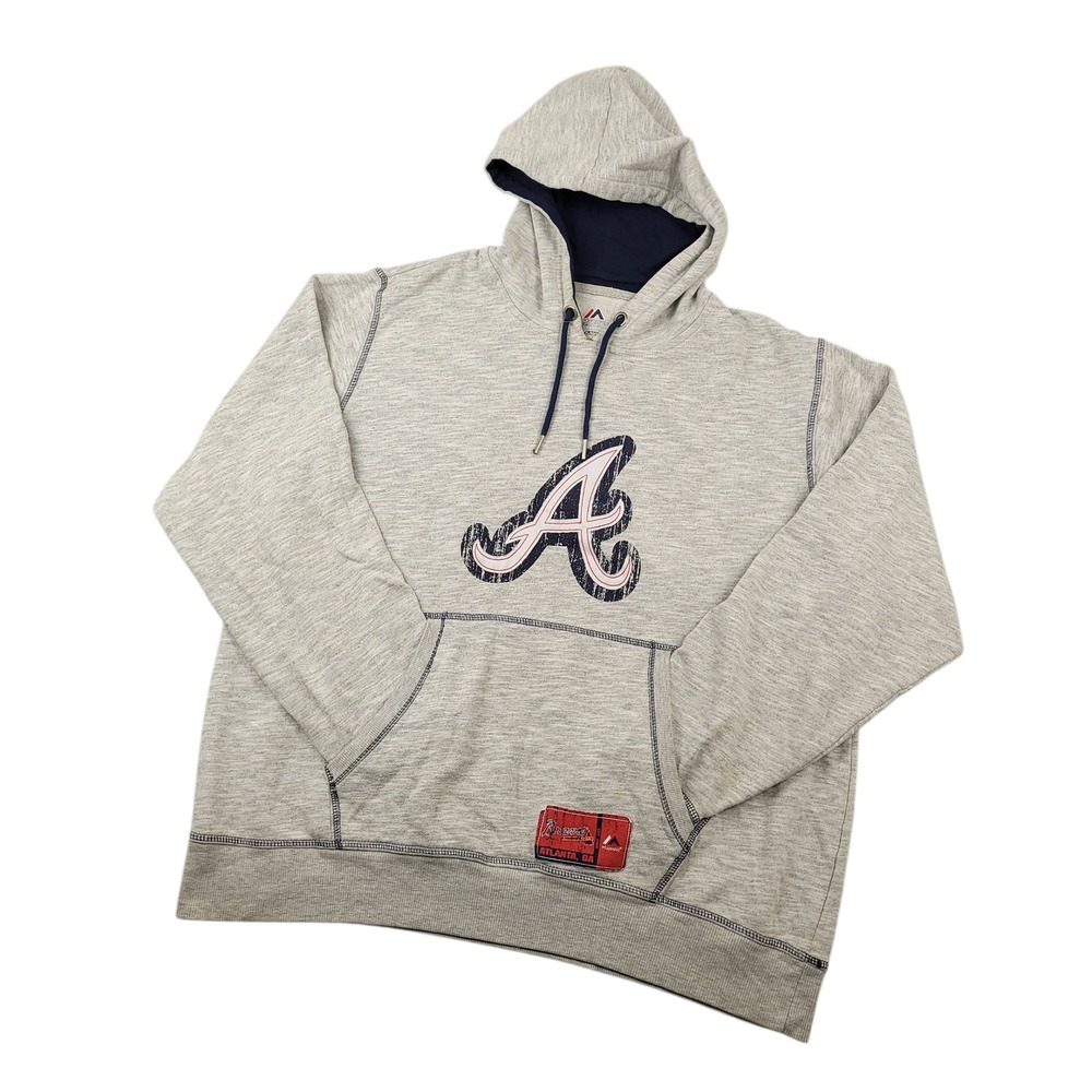 Atlanta Braves Hoodie Mens XL Gray Pullover MLB Sweatshirt Majestic Embroidered